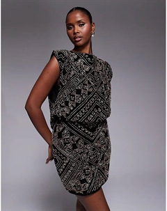 Бархатное мини-платье с воротником-хомутом и отделкой по всей поверхности черного цвета Asos design