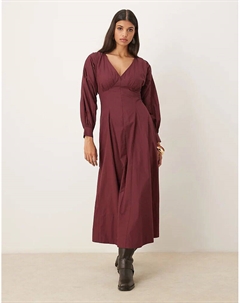 Платье макси из поплина с длинными рукавами и V-образным вырезом бордового цвета Asos design