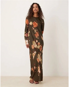 Платье-комбинация макси из матового атласа со швами с шоколадным цветочным принтом Asos design