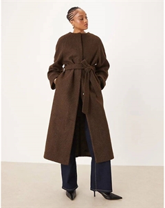 Длинное пальто-букле DESIGN без воротника в цвете горького шоколада Asos