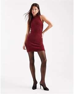 Пышное трикотажное мини-платье с высоким воротом в бордовом цвете Only
