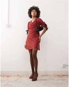 Мини-платье с рукавами-буфами и бантом из бордового атласного жаккарда Reclaimed vintage