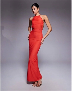 Платье макси с сетчатым воротом-халтер и отделкой на спине, кораллового цвета Asos design