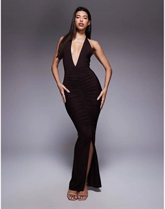 Платье макси, создающее эффект второй кожи, с глубоким декольте, рюшами и разрезом спереди, без рукавов, шоколадного цвета Wanderdoll