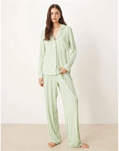 Супермягкий пижамный комплект DESIGN Tall с длинными рукавами, в зеленую полоску и сиреневую контрастную окантовку Asos