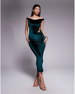 Бархатное платье миди с вырезом и отделкой изумрудного цвета Asos design