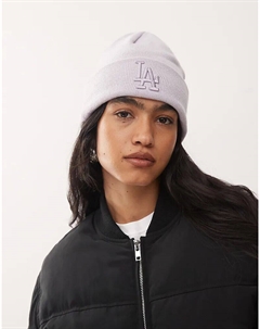 Женская вязаная шапка бини с широкими манжетами и логотипом LA Dodgers сиреневого цвета New era