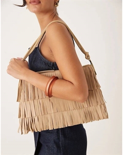 Большая кожаная сумка с бахромой и золотыми акцентами песочного цвета Mango