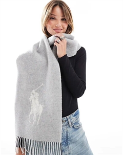 Двусторонний шарф с большим логотипом пони в сером и кремовом цветах Polo ralph lauren