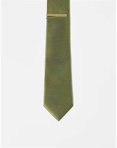 Атласный галстук зеленого цвета с зажимом для галстука Asos design