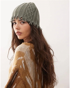 Унисекс-шапка с необработанным краем, вязаная косами, цвет: оливковый Collusion