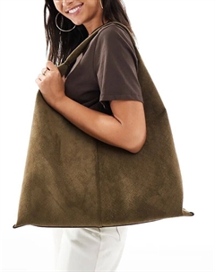 Сумка-мешок из тисненой замши цвета хаки New look