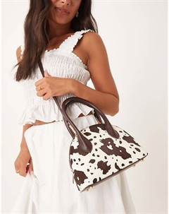 Сумка-котелок из кожи с ворсом пони со съемным ремнем через плечо с принтом коровы Asos design