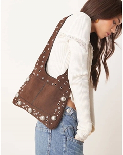 Сумка-тоут из искусственной замши с заклепками шоколадного цвета Asos design