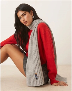 Шарф из высококачественной шерсти с логотипом медведя серого цвета Polo ralph lauren