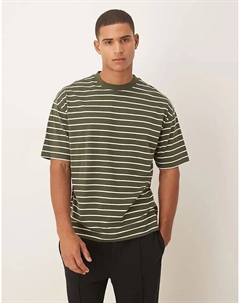 Футболка оверсайз в темно-зеленую полоску цвета экрю Asos design