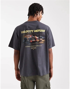 Футболка oversize с принтом машины на спине серого цвета Jack & jones