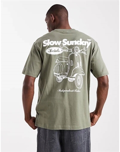 Футболка свободного кроя с принтом мопеда на спине цвета хаки Only & sons