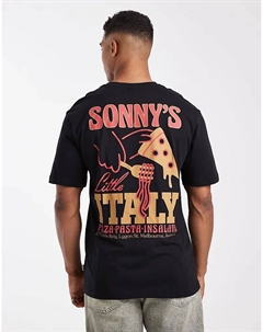 Футболка свободного кроя с принтом пиццы Сонни на спине, черного цвета Only & sons