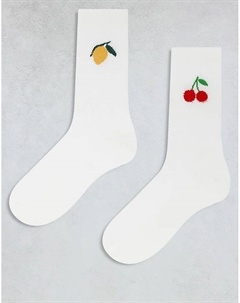 2 пары носков с вышивкой лимона и вишни, цвет белый Asos design