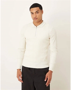 Поло Muscle Fit с длинными рукавами и молнией, кремового цвета с фактурным рубчиком - CREAM Asos design