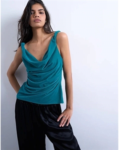 Бархатная майка-комбинация с перекрученными плечами в бирюзовом цвете Topshop