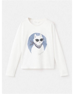 Детская хлопковая кофта с длинным рукавом и принтом кошки, Natural White Mango