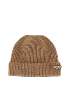 Шапка бини в рубчик с логотипом, коричневый Prada