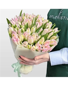 Букет бело-розовых Пионовидных Тюльпанов 51 шт «Сливочный пломбир» Studio floristic