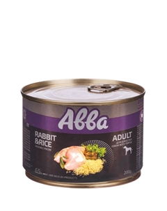 Adult Влажный корм (консервы) для взрослых собак всех пород, с кроликом с рисом, 200 гр. Avva