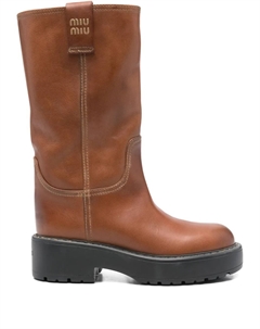 Кожаные ботинки с логотипом и каблуком 50 мм, коричневый Miu miu