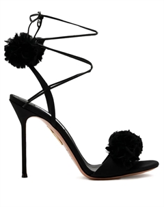 Босоножки на шпильке 105 мм с помпонами и завязками Cherry Kiss, черный Aquazzura