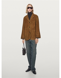 Замшевый кожаный пиджак с карманами, коричневый Massimo dutti