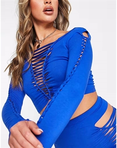 Пляжный укороченный топ с длинными рукавами и декоративными ступенями кобальтово-синего цвета Asos design