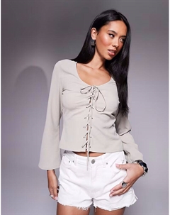 Топ со шнуровкой спереди и длинными рукавами в серо-коричневом цвете Asos design