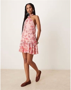 Мини-платье с халтер-воротом, оборкой по низу и розовым цветочным принтом Asos design