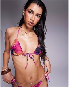 Бикини-топ Arina с завязками спереди и треугольными чашечками, с розовым абстрактным принтом Asos design