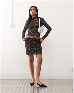 Мини-юбка с сетчатым верхним слоем, черная, с принтом серебряных звезд Noisy may