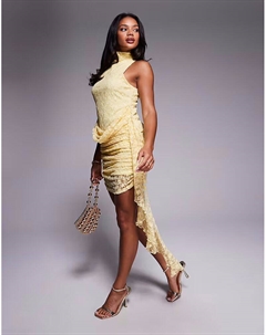 Мини-платье с халтером и поясом из кружева желтого цвета Asos design