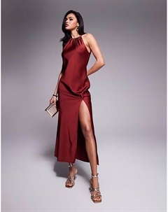 Платье макси с атласным воротником-халтер и разрезом цвета ржавчины Asos design