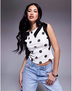 Топ с текстурированным черным бантом на плече с белым горошком Asos design