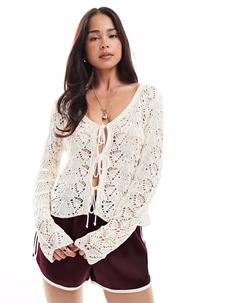 Вязаный крючком кардиган кремового цвета с завязкой спереди Miss selfridge