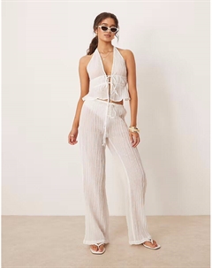 Брюки из рами с жатым поясом и завязкой, белые Mango