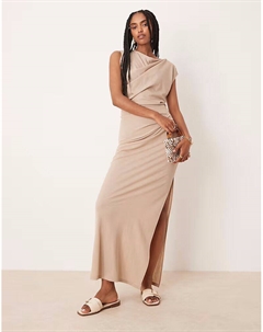 Платье миди из льняного материала с драпировкой и перекрученными плечами цвета песочного камня Asos design