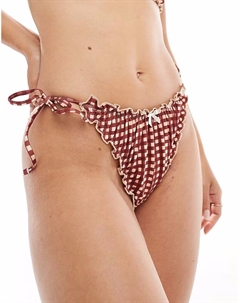 Плавки бикини Ginny с завязками по бокам и салатовой каймой в клетчатый узор Asos design