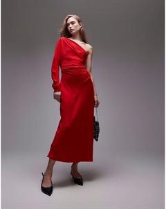 Платье макси на одно плечо с длинными рукавами красного цвета Mango