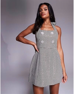 Мини-платье с пайетками, узором «гусиная лапка», халтером и декорированными пуговицами шоколадного цвета Asos luxe