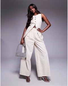 Льняные брюки широкого кроя с декоративной отделкой кремового цвета Asos luxe