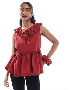 Топ без рукавов с вышитым воротником и завязкой на шее бордового цвета Asos design