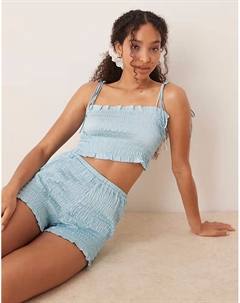 Комплект из укороченного топа и короткой пижамы из атласной фактурной ткани цвета морской волны Asos design